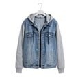 thumbnail image 6 of Otntypg Women's Splicing Hooded Jean Jacket Casual Fall Drawstring Layered Washed Long Sleeve Sweatshirt Button Down Hoodie Denim Shack Jacket with Pockets, 6 of 9