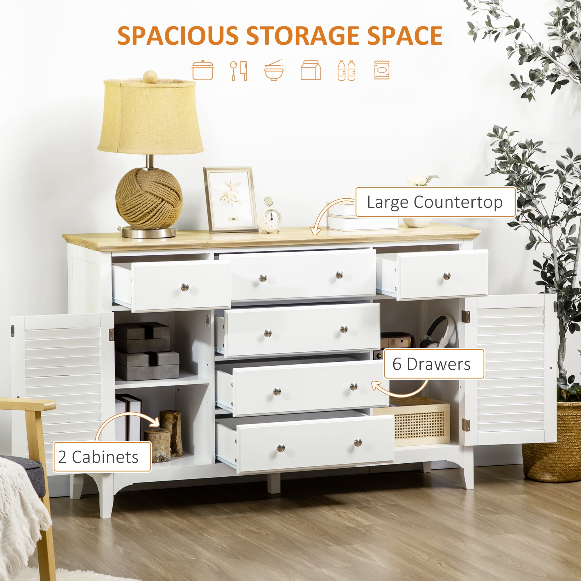 HOQBN Sideboard Buffet Cabinet with Storage Drawers, Rubber Wood Top and Adjustable Shelves, Coffee Bar Cabinet, White