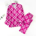 thumbnail image 2 of Wang6 Women's Plus Size Pajamas Sets 2 Piece Long Sleeve Pjs Sets V Neck Button Shirts Straight Leg Pants Ladies Loose Fit Plaid Sleepwear Lounge Sets X_Hot Pink XXXL, 2 of 4