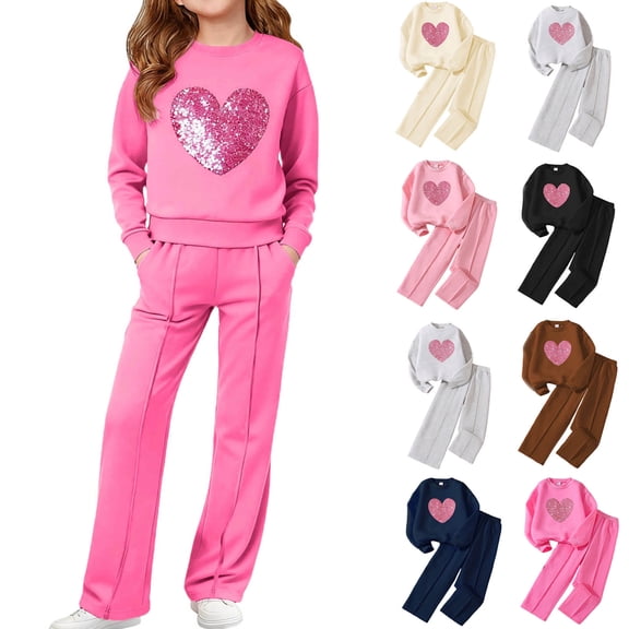 Babcutegg Kid Girls Valentine's Day Shirts Pullover Long Sleeve Shirts and Pants Set Elastic Waist Heart Print Side Pockets Girls Clothes Set Beige Size 11-12