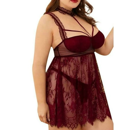 

DYMADE Women Plus Size Sexy Bralette Babydoll Suspenders Stretchy Lace Nightdress With Thong