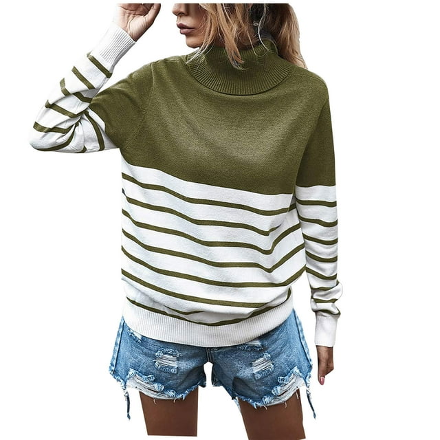 Qertyioot Women's Fall Winter Striped Sweater Long Sleeve Top, High Neck,, Color Blocking, Round Neck