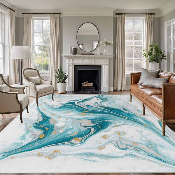 Large Area Rugs for Living Room Bedroom, White Teal Marble 8'x10' Rug Washable Carpet Runner Indoor Outdoor, Modern Abstract Art Marble Fluid Non Slip Floor Mats Rug for Kitchen, Patio