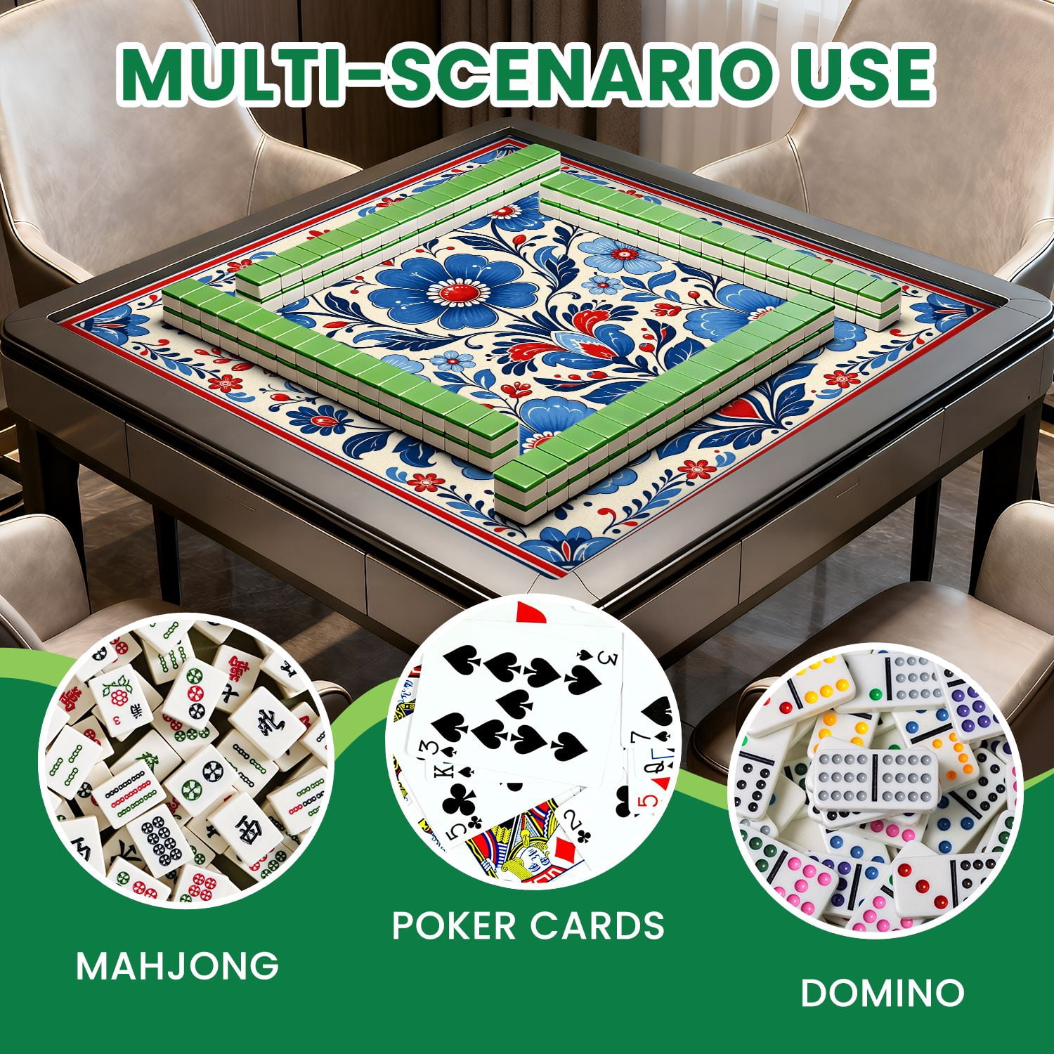 Mahjong Mat 31.5" x 31.5" Floral Red Blue Yellow Flowers patriotic Non-Slip Noise Reduction Mahjong Tiles Table Cover for Dominoes Poker Card Board and Tile Games