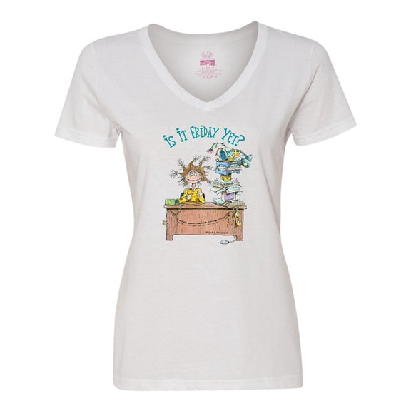 Inktastic Is It Friday Yet with Frazzled Woman at Desk Women's V-Neck T-Shirt