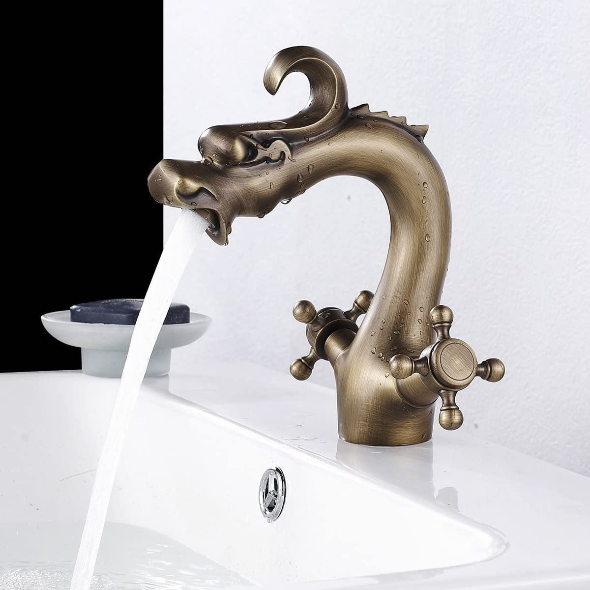 Black Dragon Design Bathroom Double Handles Basin Tap Hot and Cold Mixer Faucet 