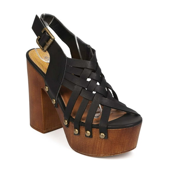 Qupid EG36 Women Leatherette Peep Toe Woven Block Heel Clog Sandal