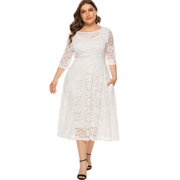 Vestido de mujer Vestido delgado de fiesta con cuello en O ahuecado de encaje de ganchillo Eccomum Blanco/6XL