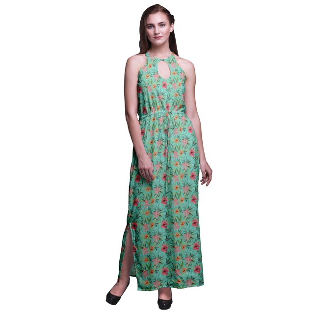 Bimba Floral Ladies Crew Neck Waist String Print Maxi Dress with Side Slits Summer Wear-Medium