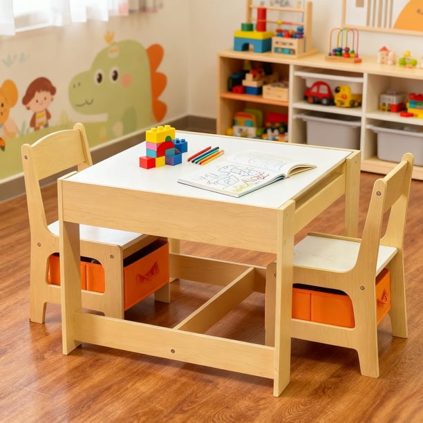 Mesa Para Niños Con 2 Sillas y 2 Cajones Escritorio Infantil Con Pizarra Juguetero Organizador Infantil Adecuado Para Niños y Niñas Muebles Adecuados Para Educación y Actividades(Color Natural)