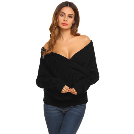 Women Casual Long Sleeve Solid Loose Wrap Front V-Neck Cable Knit Pullover Sweater