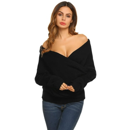 - Women Casual Long Sleeve Solid Loose Wrap Front V-Neck Cable Knit Pullover Sweater HFON