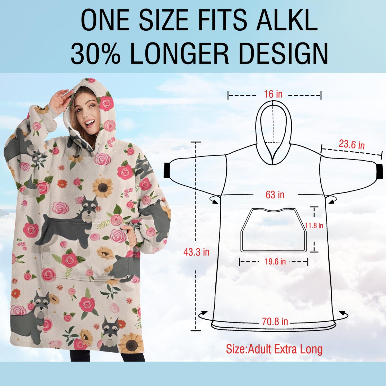 Oversized Wearable Blanket Hoodie,Schnauzer Dog and Flower Floral Sherpa Blanket Hoodie with Super Pockets,Super Warm Fuzzy Pullover for Women & Men