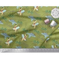 Soimoi Green Japan Crepe Satin Fabric Plam Tree,Chair & Girl Beach Decor Fabric Printed Yard 42 Inch Wide