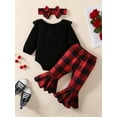 thumbnail image 3 of Franhais Baby Girl Pants Suit, Long Sleeve Round Neck Romper Shirt + Plaid Print Ruffle Trousers + Headband, 3 of 9