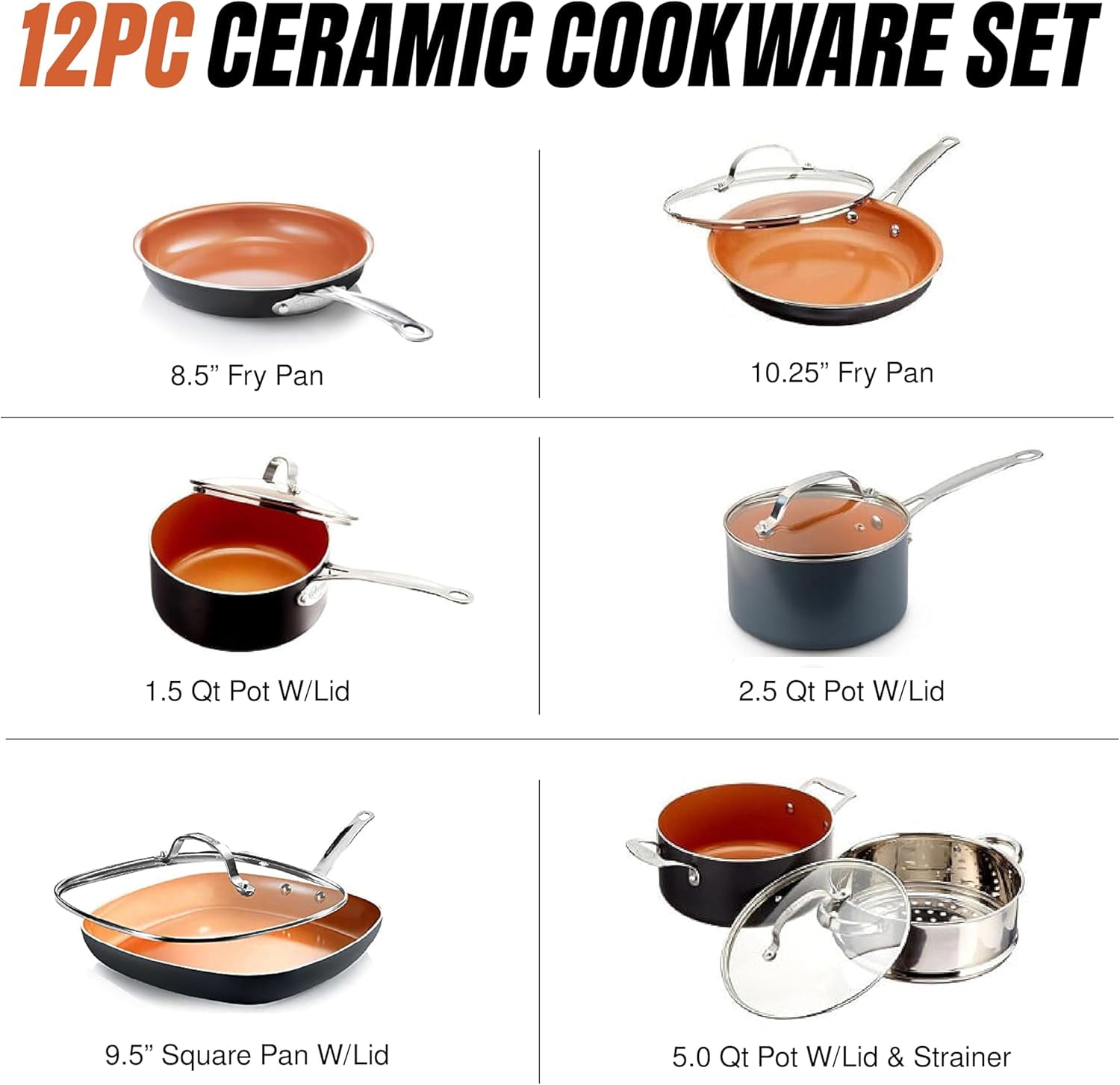 Gotham Steel 12Pc Pots and Pans Set Non Stick, Ceramic Cookware Set, Nonstick, Nontoxic, Oven & Dishwasher Safe, Stay Cool Handles Ceramic Cookware Set, No Forever Chemicals, Copper