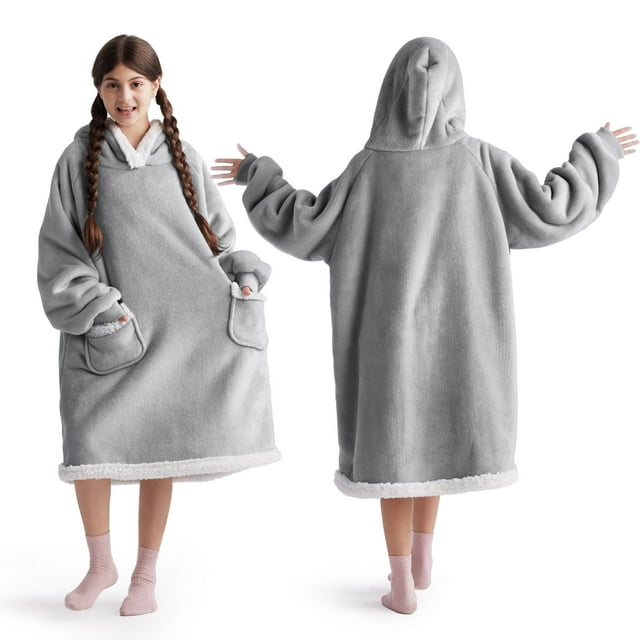 Sudadera con capucha para adultos y niños, forro sherpa, color gris