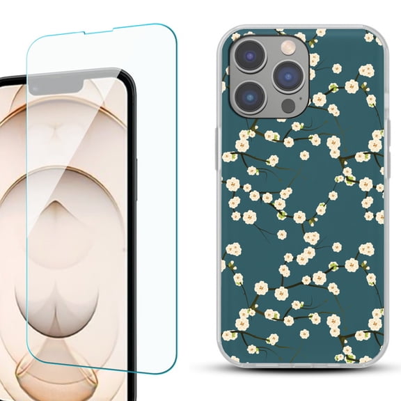 OneToughShield ® for iPhone 15 Pro Max Shockproof Fashion Phone Case, with Tempered Glass Screen Protector - Blossom Green