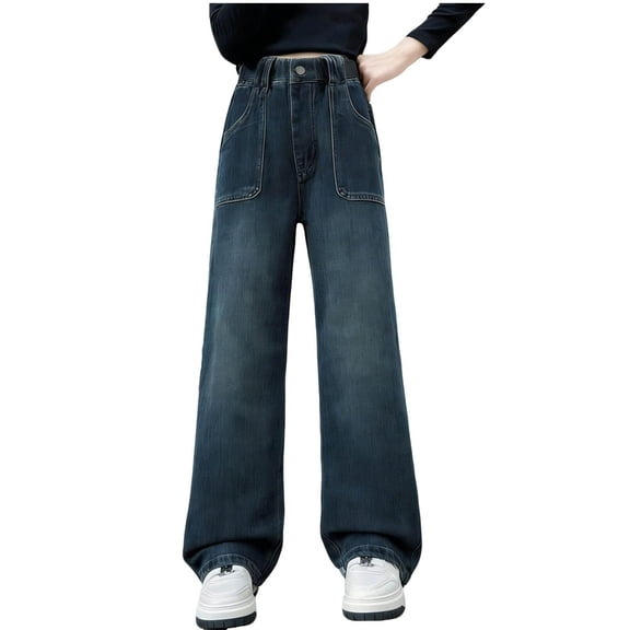 Girls' Vintage Mom Jeans High Waisted Wide Leg with Stretchy Waistband Comfort Fit Blue Denim Pants for Kids & Tweens,Size 8-9 T