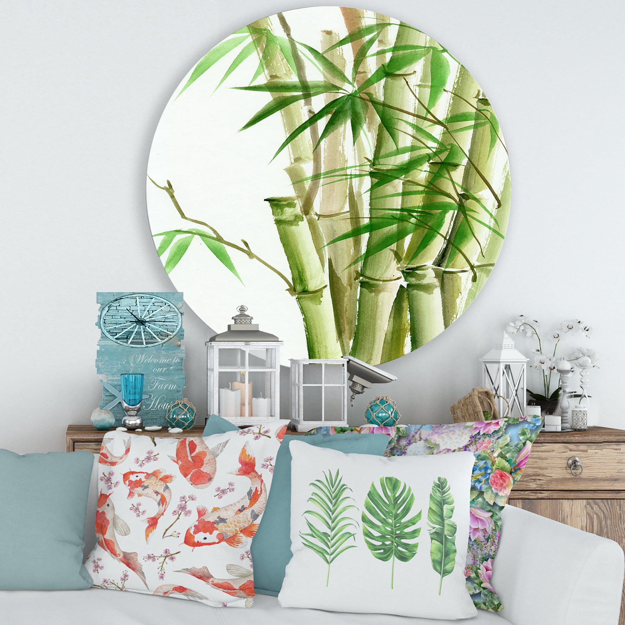 Designart 'Detail of Dark Green Bamboo and Leaves II' Traditional Circle Metal Wall Art 29x29 - Disc of 29