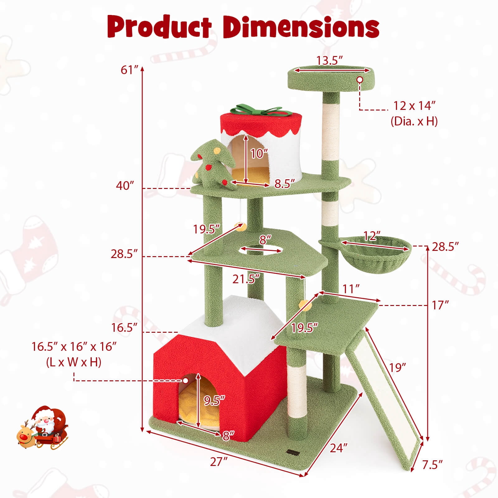 Infans 61" Tall Christmas Cat Tree w/ Sisal Scratching Posts Plush Perch & 2 Condos