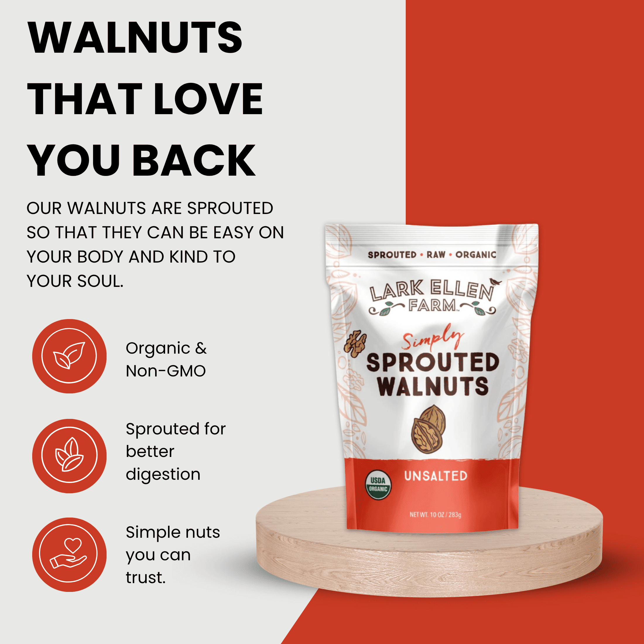 Lark Ellen Farm Unsalted Walnuts, Raw Sprouted Healthy Snack, Keto, Certified USDA Organic, Gluten-Free, Vegan, Individual Whole Nuts (10 Oz, 3 Pack)