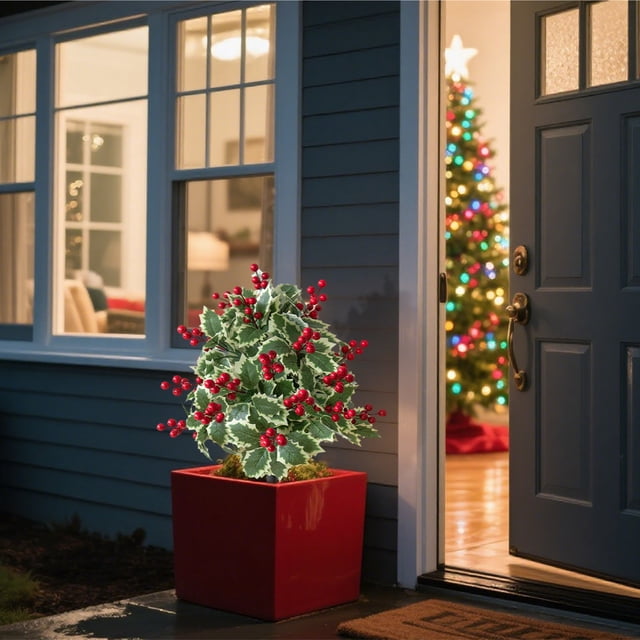 SPOORYYO Plante Artificielle de Noël Décoration, Jardin Extérieur Simulation Florale, Insert de Sol Imperméable Feuilles de Fruits Rouges