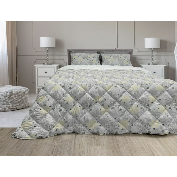 Grey and Yellow Comforter & Sham Bedding Set, Bohem Style Paisley Print Flowers Dots Art Image, 3 pcs Duvet Set Microfiber Filling Quilt, 5 Sizes, Pale Grey White, by Ambesonne