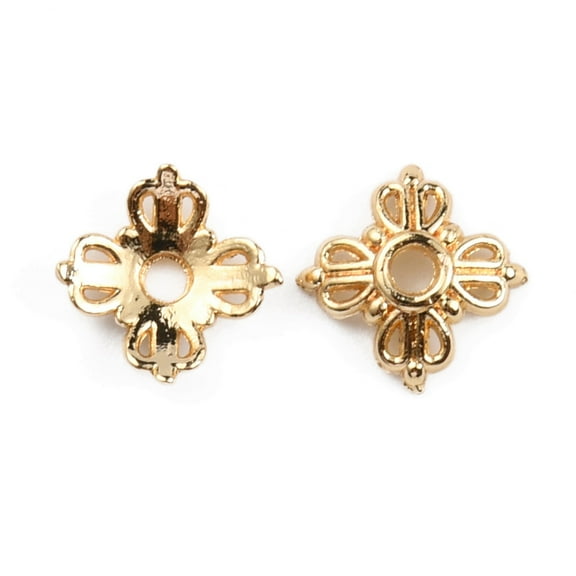 100pc Brass Bead Caps 4-Petal Long-lasting Flower Real 14K Gold Plated 8x8x2mm Hole: 1.3mm