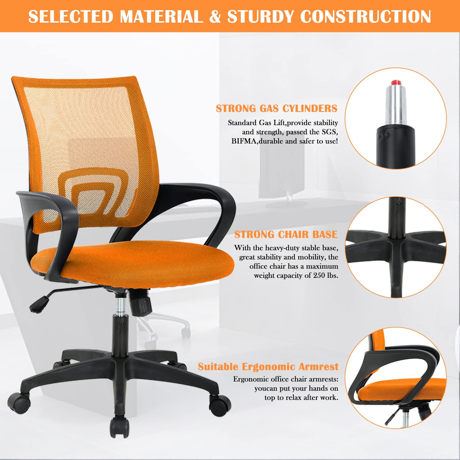 CL.HPAHKL Mesh Computer Desk Chair, Ergonomic Office Chair with Lumbar Support & Armrests Mid Back Swivel Rolling Task Chair for Home Office Study Gaming, Orange