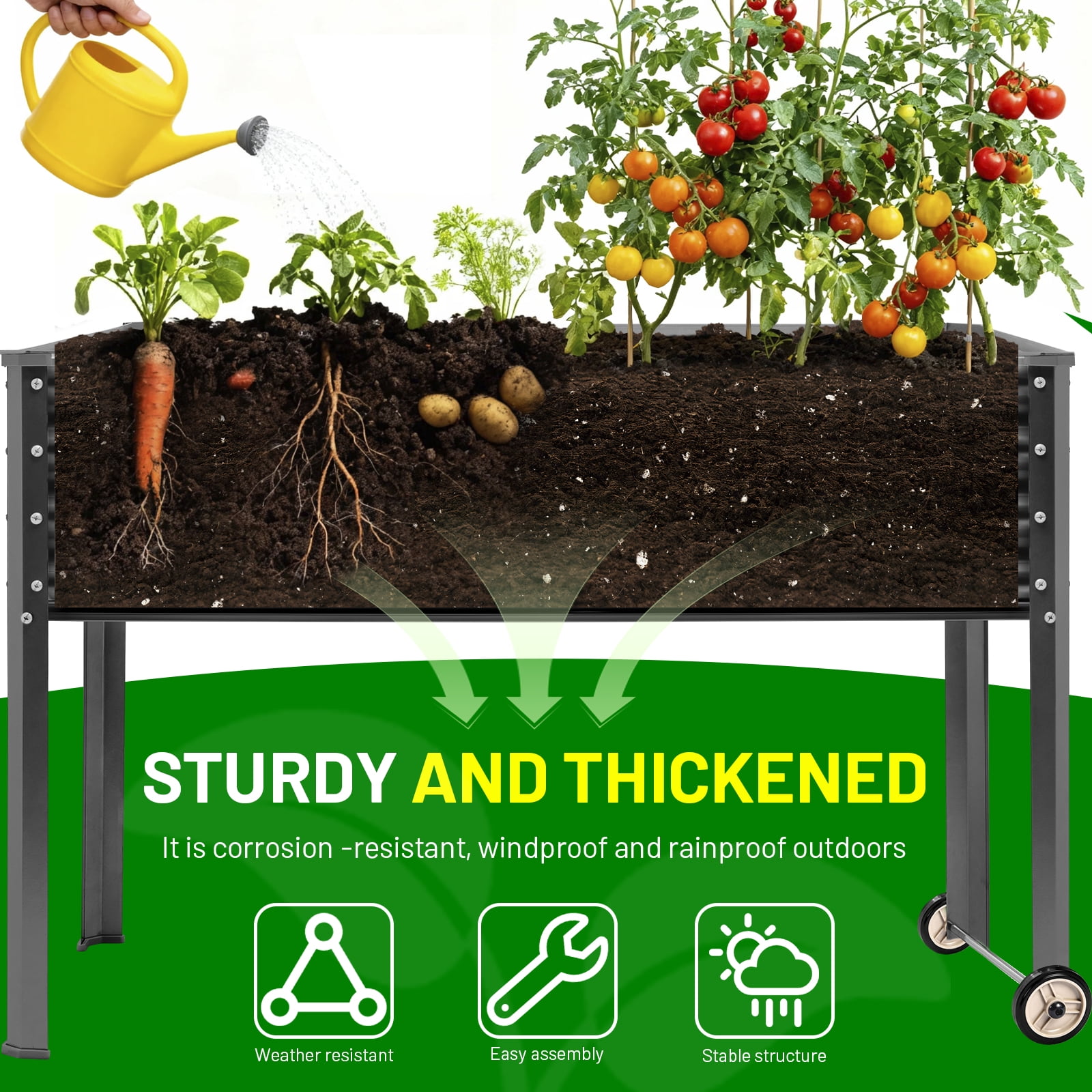 Land Guard Mobile Galvanized Raised Garden Bed with legs & Wheels, 36"Large Metal Elevated Raised Planter Box for Backyard, Patio, Balcony, 400lb Capacity(Deep Grey)
