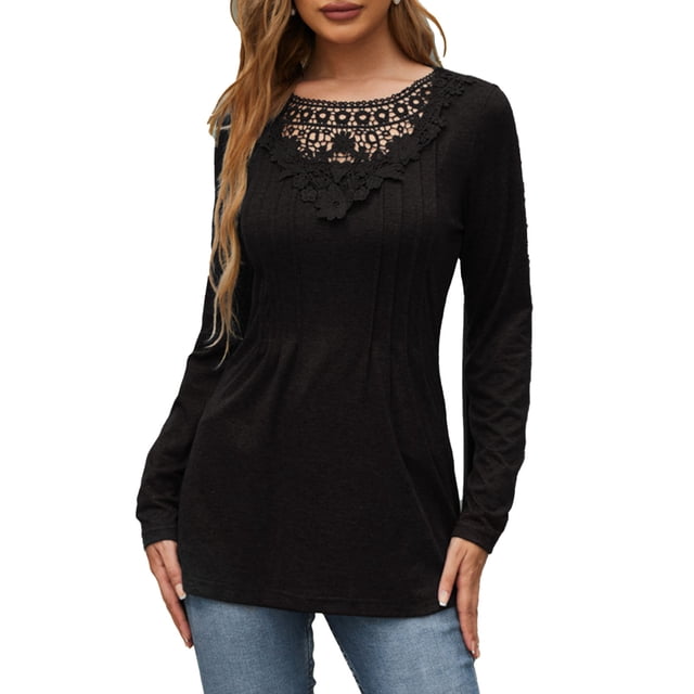 Camisa de manga larga de encaje para mujer Otoño Invierno Moda Casual Cintura delgada Color puro Top de encaje con cuello redondo para mujer Negro M