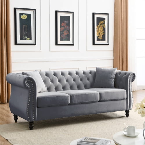 80 Inch Chesterfield Velvet Sofa with Rolled Arms and Nailhead Trim, 3-Seater Tufted Couch with 2 Pillows for Living Room, Bedroom, Office, Grey