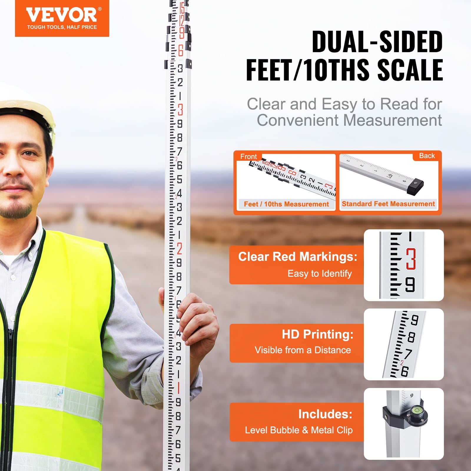 VEVOR Aluminum Grade Rod,18-Feet/10ths 6 Sections Telescopic Measuring Rod,Double-Sided Scale 1/10ft Leveling Rod Stick,Aluminum Alloy Survey Rod w/ Bubble Level &Carrying Bag for Houses,Walls,Floors