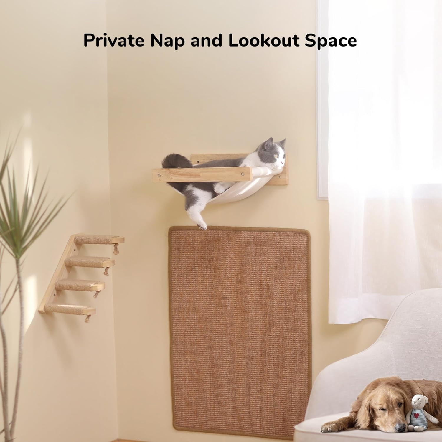 TJOUL Cat Hammock Wall Mounted, Kitty Beds and Perches, Wooden Cats Furniture, Stable Wall Shelves for Sleeping, Playing, Climbing, and Lounging
