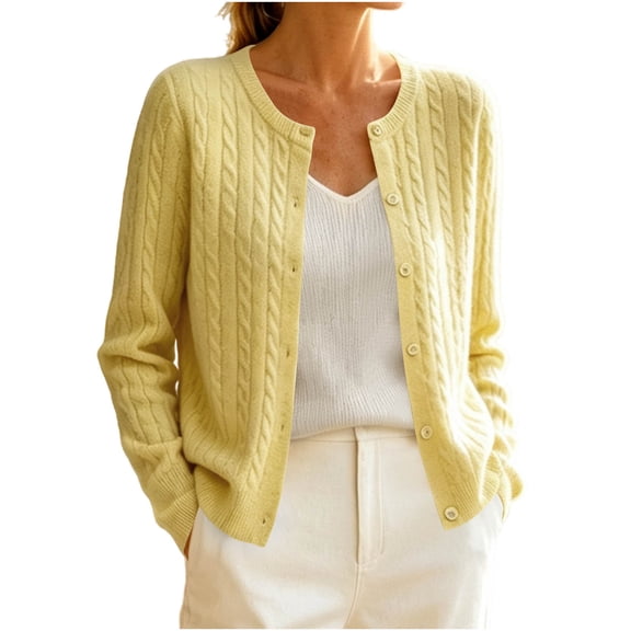 Kilaqueen Women's Cable Knit Cardigan Sweater, Crew Neck Button Down Long Sleeve Top, Lightweight Fall Layering Sweater for Office Wear
