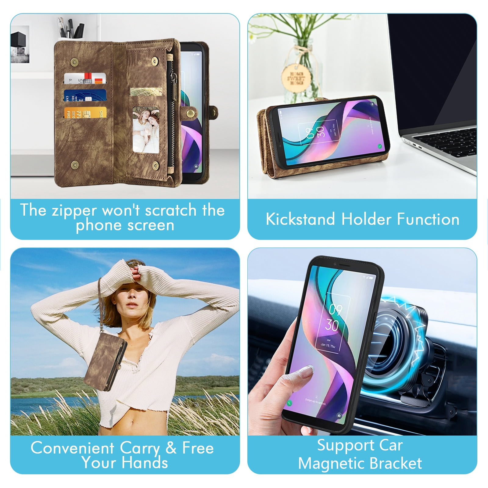 Asuwish Phone Case for Metro TCL Ion X/Ion V/40Z T607DL Zipper Wallet Detachable Cell Cover with Tempered Glass Screen Protector Crossbody Strap Flip Card Holder Slot IonX T430W IonV 2023 Women Brown