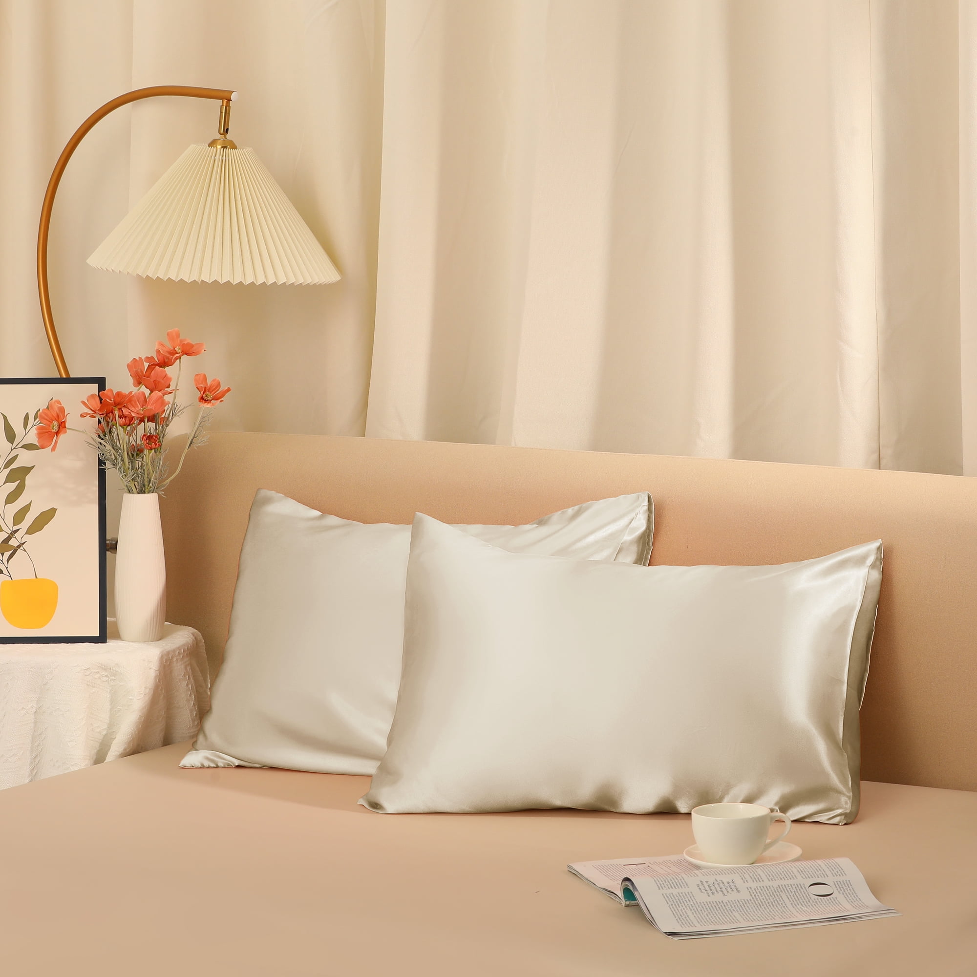 Unique Bargains Envelope Closure Breathable and Soft Satin Pillowcase (2 Count) Light Tan Standard