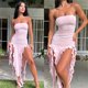 thumbnail image 5 of Vestido Midi sin tirantes con hombros descubiertos para mujer, maxivestido de playa con volantes dividido, elegante, ajustado, para fiesta de verano, 5 of 5