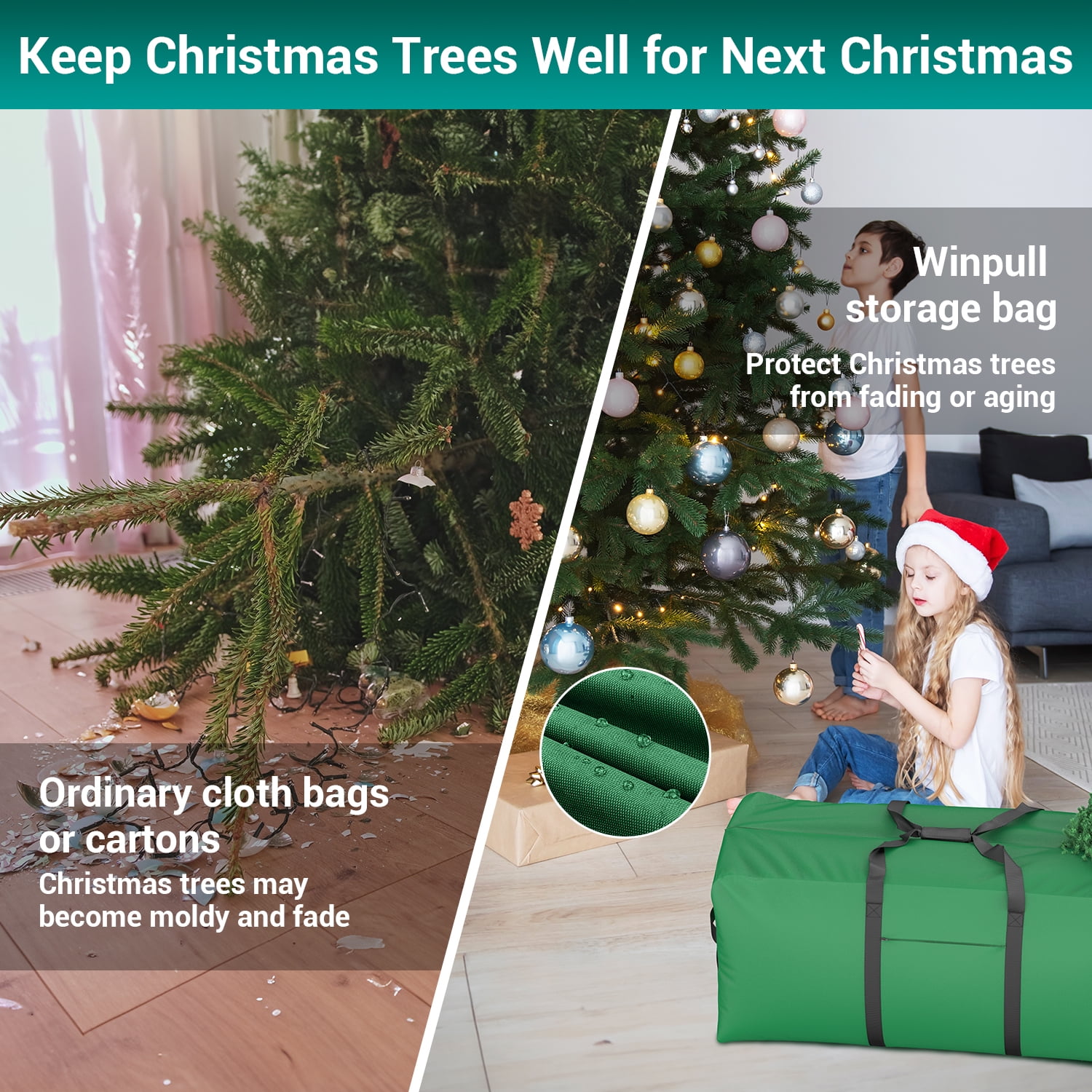 Christmas Tree Storage Bag, Heavy-Duty 600D Oxford Cloth Fits Up to 9FT Xmax Christmas Tree Storage Box with Rolling Wheels, Dark Green