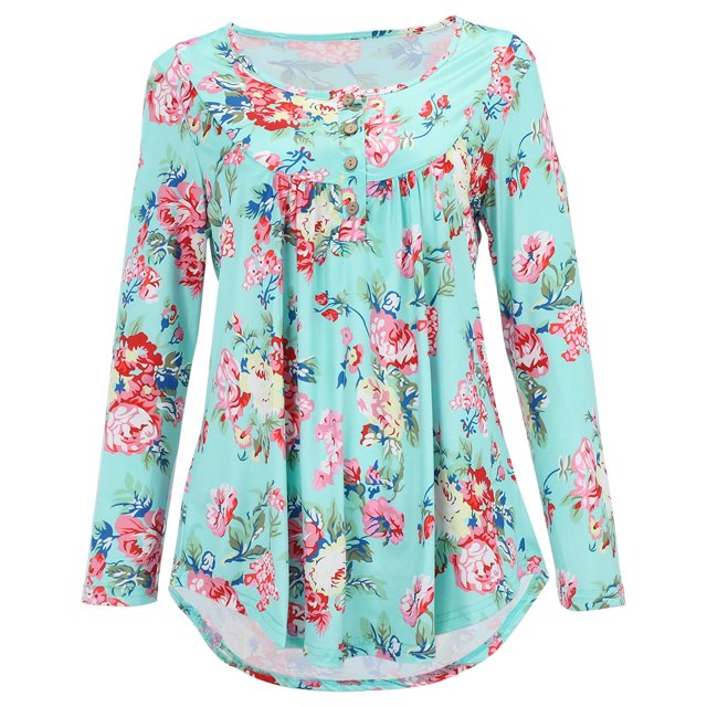 Gibobby Blusas Manga Larga Para Mujer Camiseta holgada de manga larga con cuello en V y hebilla floral plisada para mujer(Azul, L)