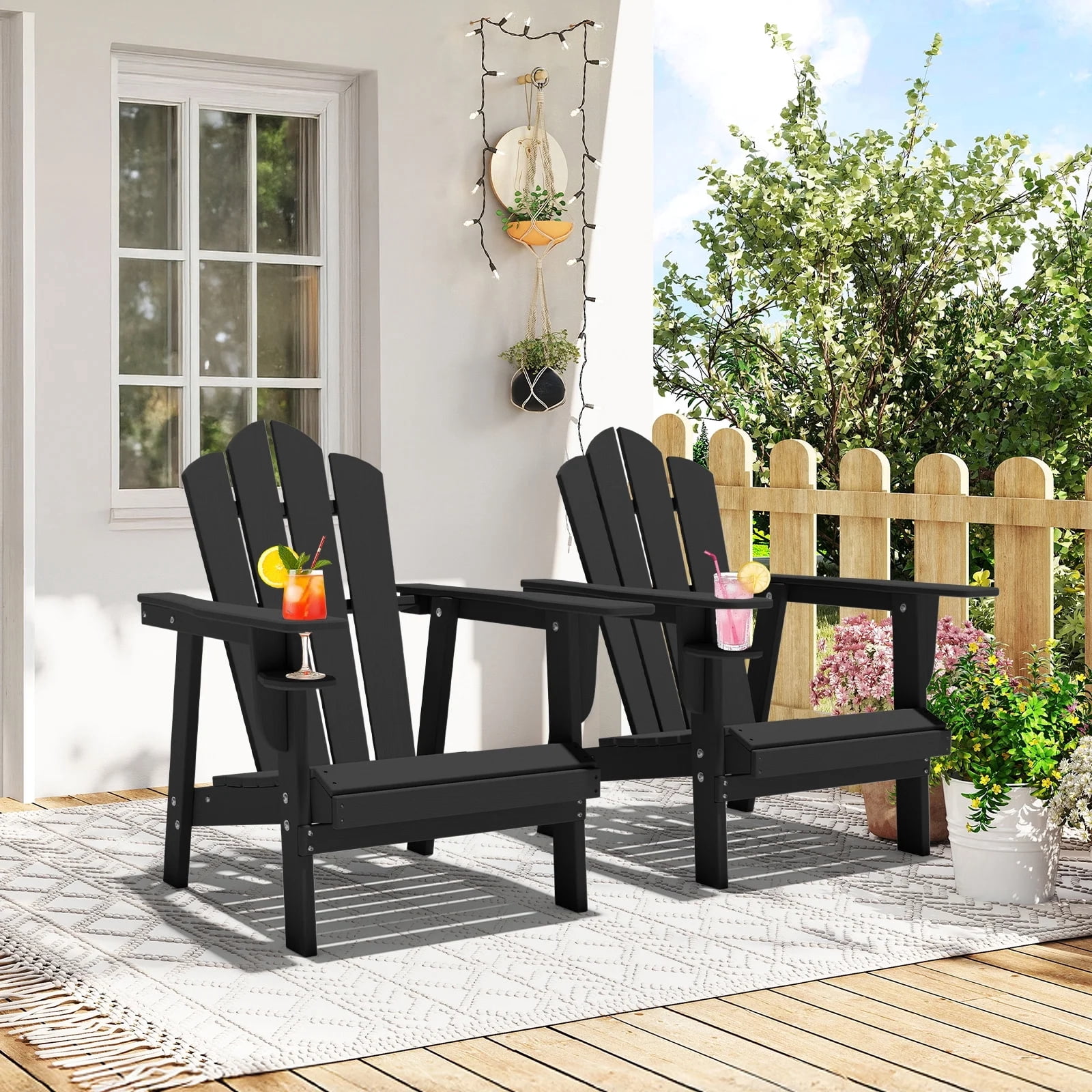 Tappio HDPE Adirondack Chair, Patio Seat All Weather Outdoor Patio Chair with Cup Holder for Lawn Yard Fire Pit, Black