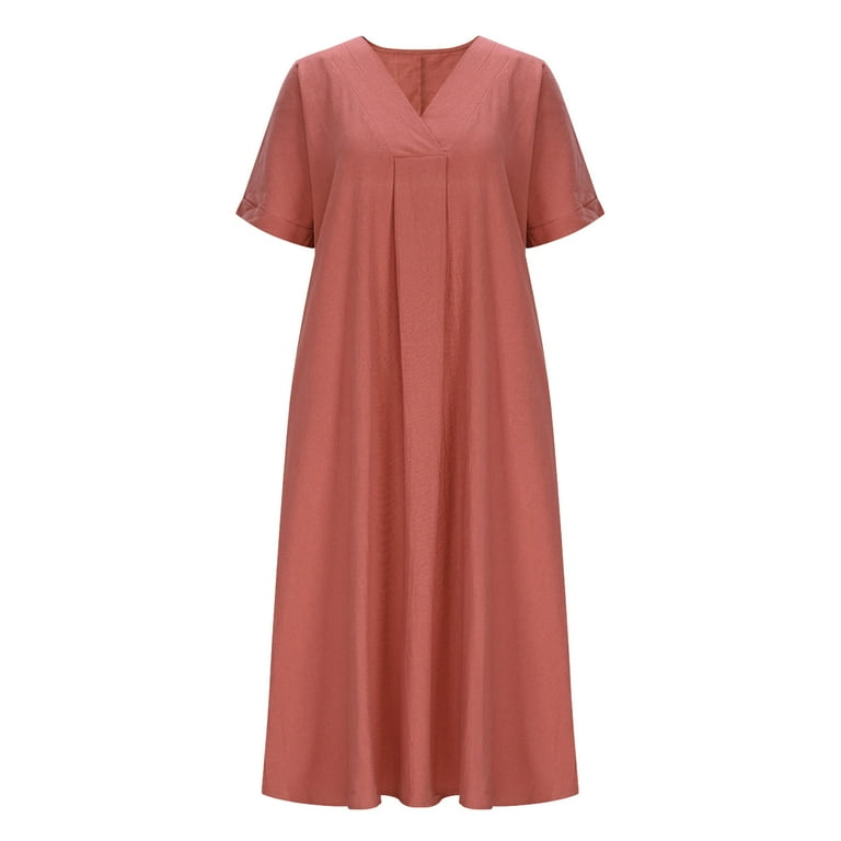 Roncen Women's Solid V-Neck Cotton Linen Dress - Casual Short Sleeve with  Relaxed Fit, Breathable Spring Summer Dress for Daily Casual Wear -  Walmart.com