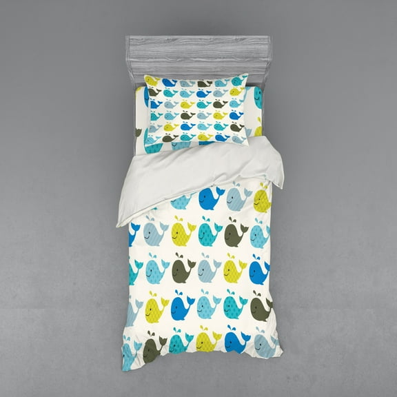 Ambesonne Cartoon Bedding Set 3 Pcs, Colorful Whales Animals, Twin, Charcoal Grey Pale Blue