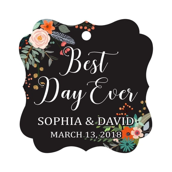 Darling Souvenir Personalized Fancy Frame Wedding Gift Tags 'Best Day Ever' Custom Name & Date Favor Hang Tags-Floral Black-100 Tags