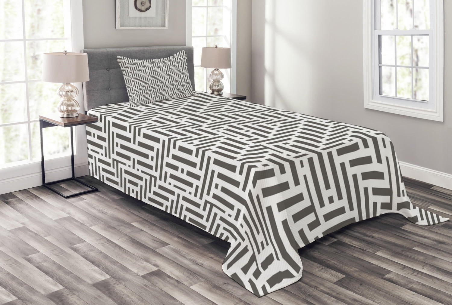 Geometric Bedspread Set, Vertical Horizontal Lines Squares Abstract