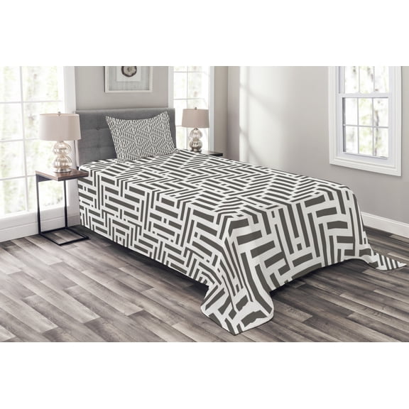 Ambesonne Geometric Quilted Bedspread Set 2 Pcs, Short Lines Abstract, Twin Size, Charcoal Grey White