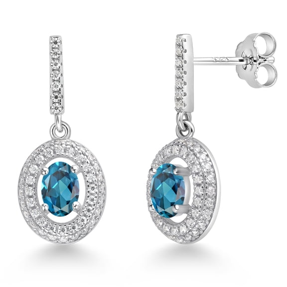 Gem Stone King 925 Sterling Silver London Blue Topaz and White Moissanite Dangle Earrings for Women (1.71 Cttw, Gemstone November Birthstone, Oval 6X4MM)
