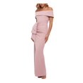 thumbnail image 3 of XSCAPE Womens Pink Stretch Ruched Zippered Thigh High Slit Lined Short Sleeve Off Shoulder Full-Length Evening Gown Dress 16, 3 of 4