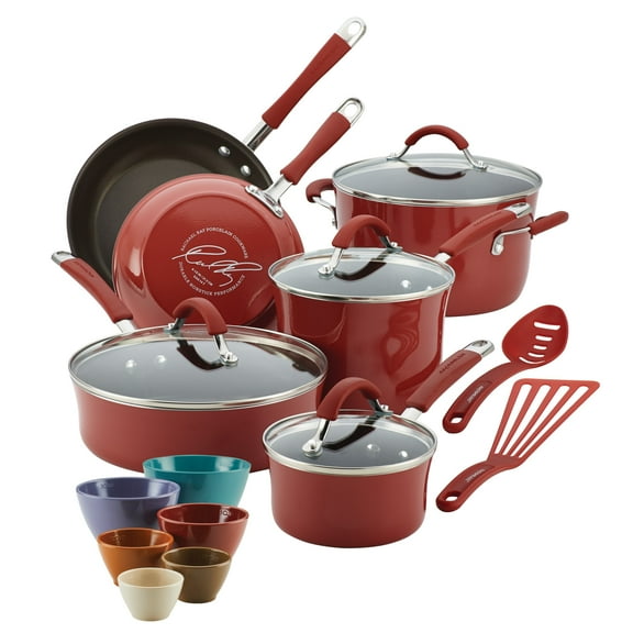 Rachael Ray Cucina 18 Piece Nonstick Pots and Pans and Prep Bowl Set, Red